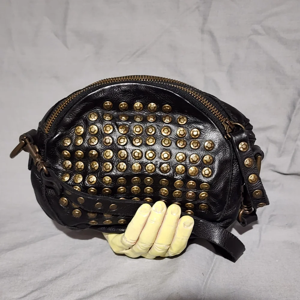 FRYE Black Circle-shaped Leather Studded Crossbody/Clutch/Wristlet - NWOT - Picture 1 of 7